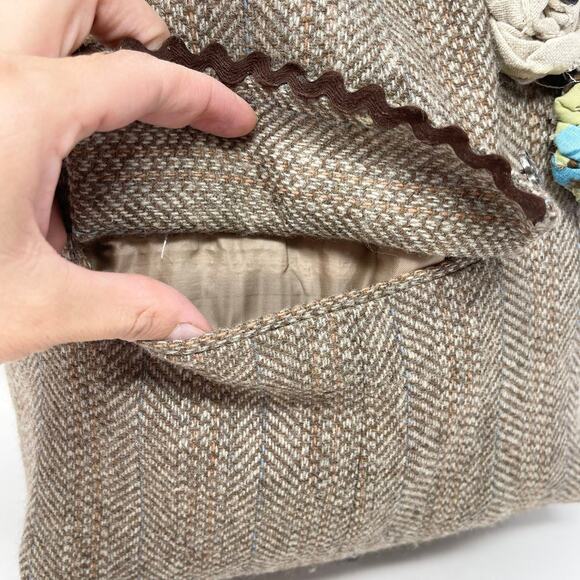 Y2K Handmade Reversible Tote Bag Brown Tweed Blue Flowers Buttons Leather Belt - Picture 5 of 14